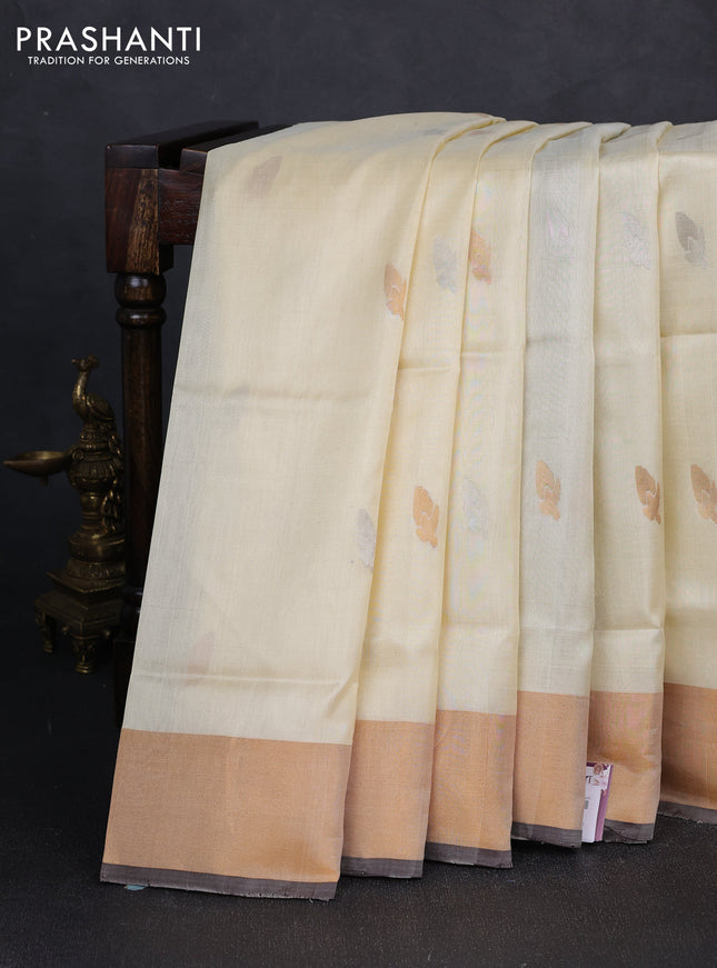 Pure uppada silk saree cream and coffee brown with silver & gold zari woven buttas and jamdhani pallu