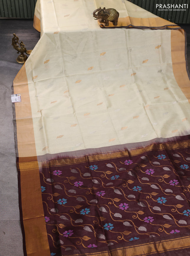 Pure uppada silk saree cream and coffee brown with silver & gold zari woven buttas and jamdhani pallu