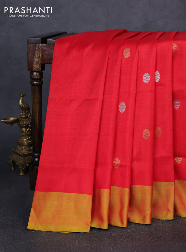 Pure uppada silk saree red and dual shade of green with silver & gold zari woven buttas and simple border
