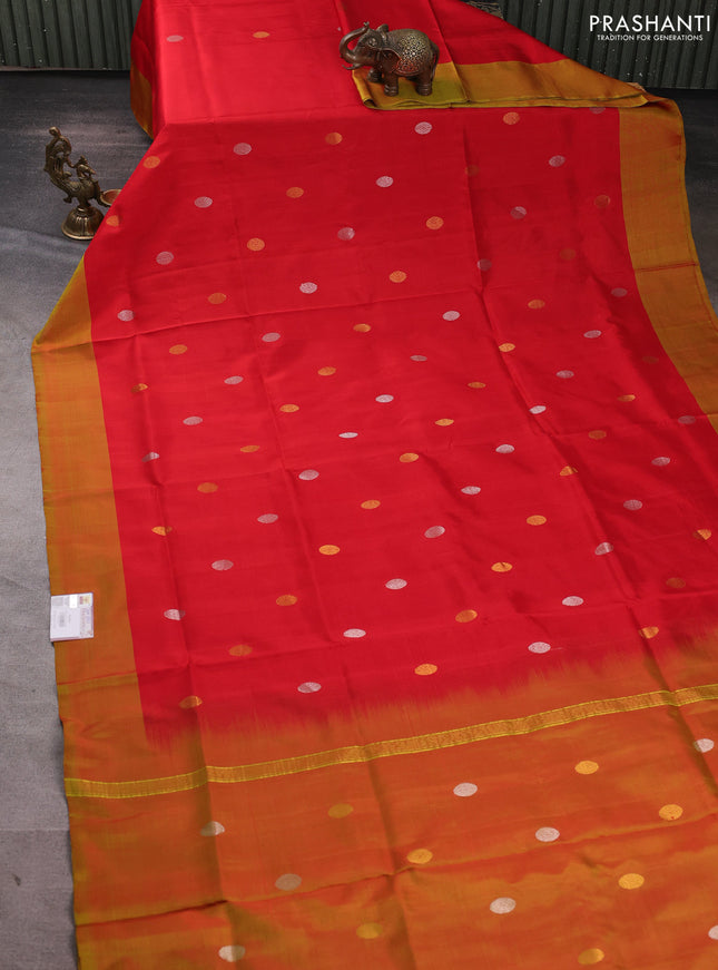Pure uppada silk saree red and dual shade of green with silver & gold zari woven buttas and simple border