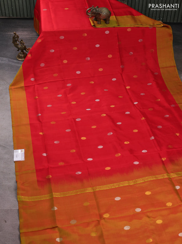 Pure uppada silk saree red and dual shade of green with silver & gold zari woven buttas and simple border