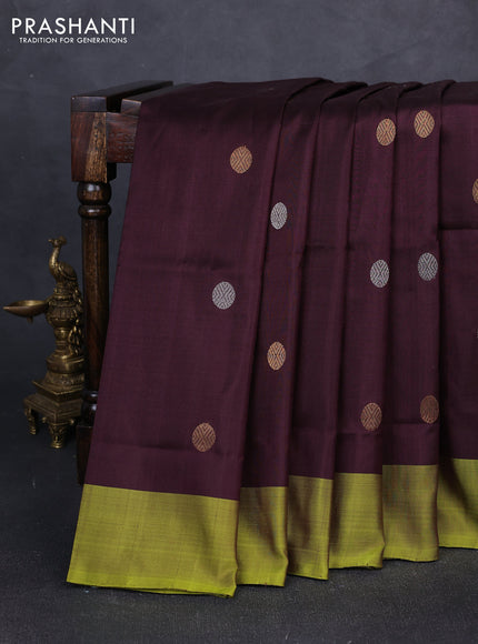 Pure uppada silk saree coffee brown and light green with silver & gold zari woven buttas and simple border