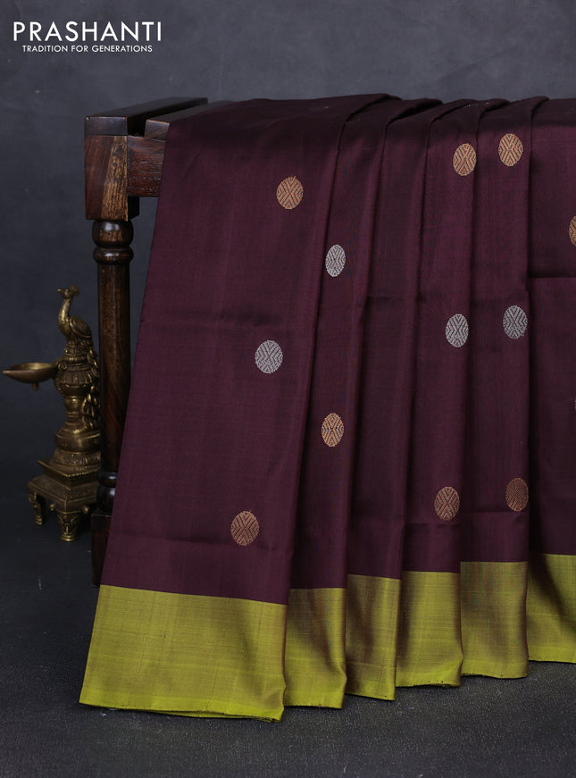 Pure uppada silk saree coffee brown and light green with silver & gold zari woven buttas and simple border