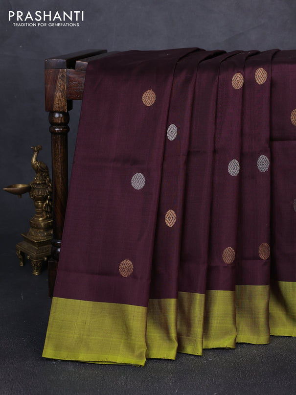 Pure uppada silk saree coffee brown and light green with silver & gold zari woven buttas and simple border