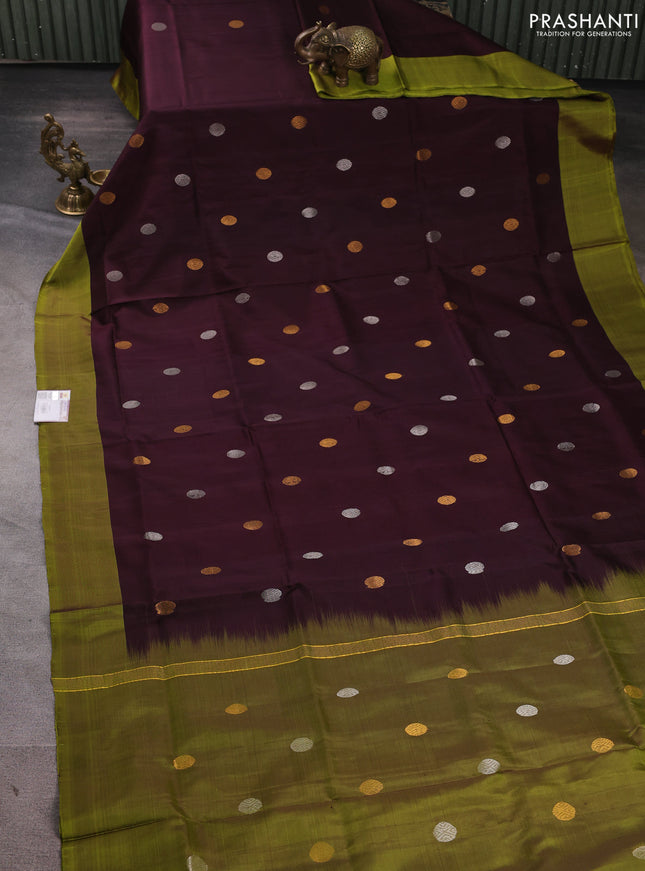 Pure uppada silk saree coffee brown and light green with silver & gold zari woven buttas and simple border