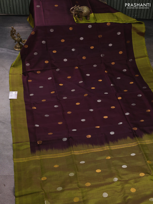 Pure uppada silk saree coffee brown and light green with silver & gold zari woven buttas and simple border