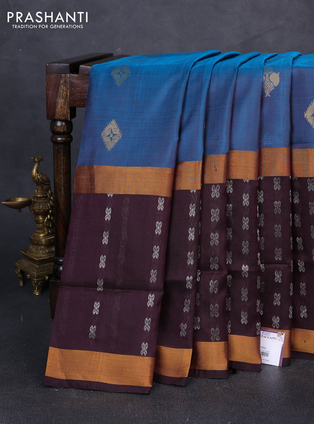 Pure uppada silk saree peacock blue and coffee brown with silver zari woven buttas and long zari woven butta border