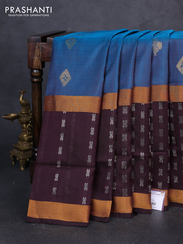 Pure uppada silk saree peacock blue and coffee brown with silver zari woven buttas and long zari woven butta border