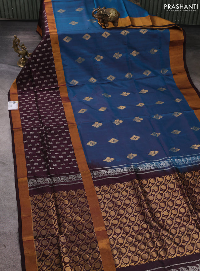 Pure uppada silk saree peacock blue and coffee brown with silver zari woven buttas and long zari woven butta border