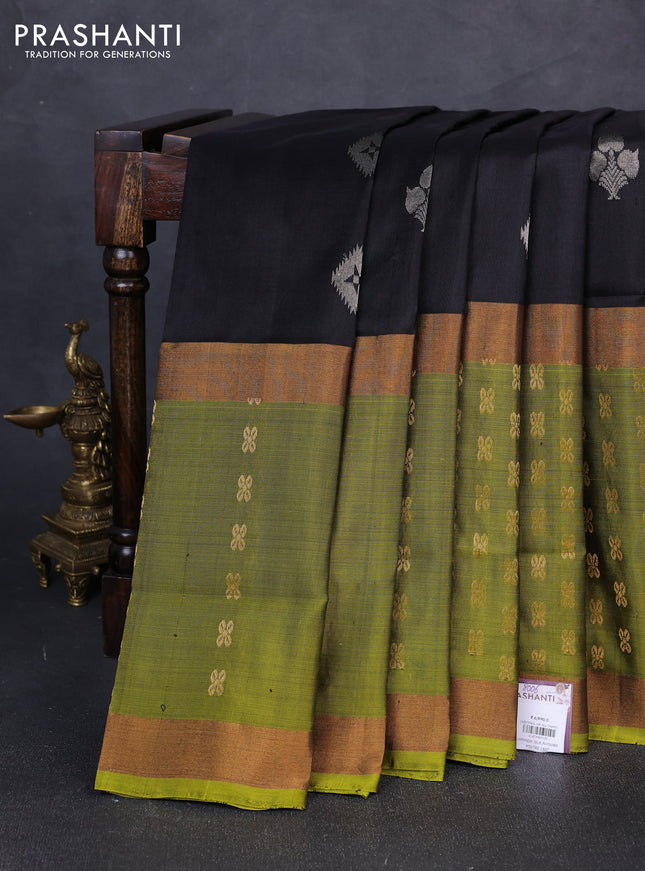 Pure uppada silk saree black and mehendi green with silver zari woven buttas and long zari woven butta border