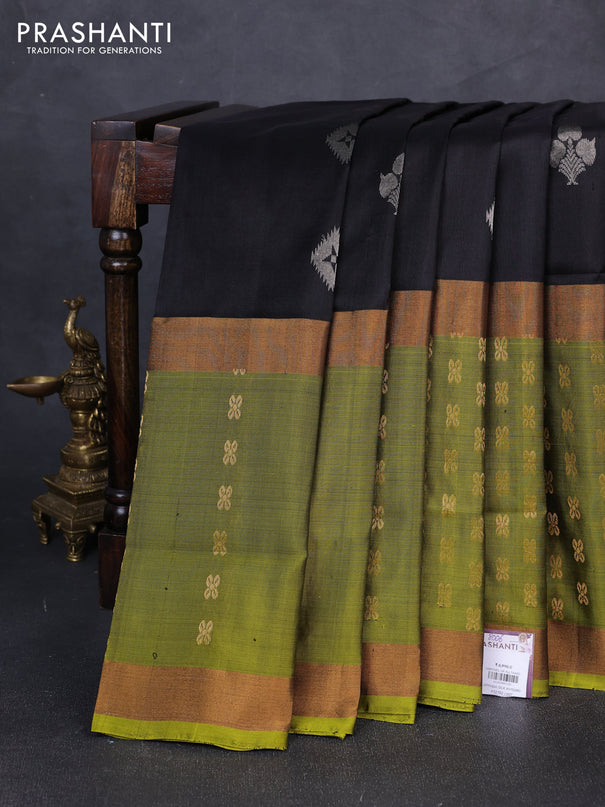 Pure uppada silk saree black and mehendi green with silver zari woven buttas and long zari woven butta border