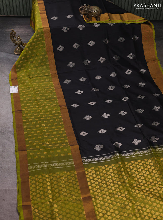 Pure uppada silk saree black and mehendi green with silver zari woven buttas and long zari woven butta border