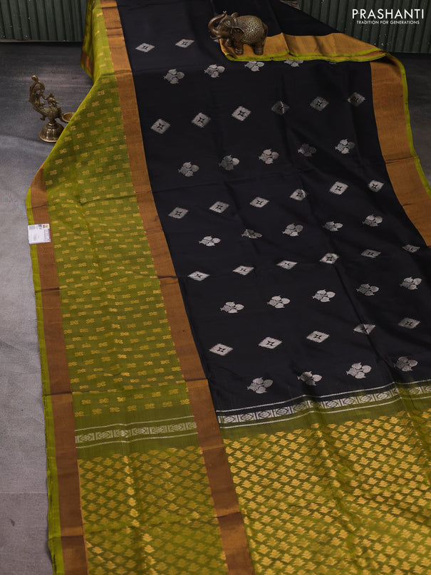 Pure uppada silk saree black and mehendi green with silver zari woven buttas and long zari woven butta border