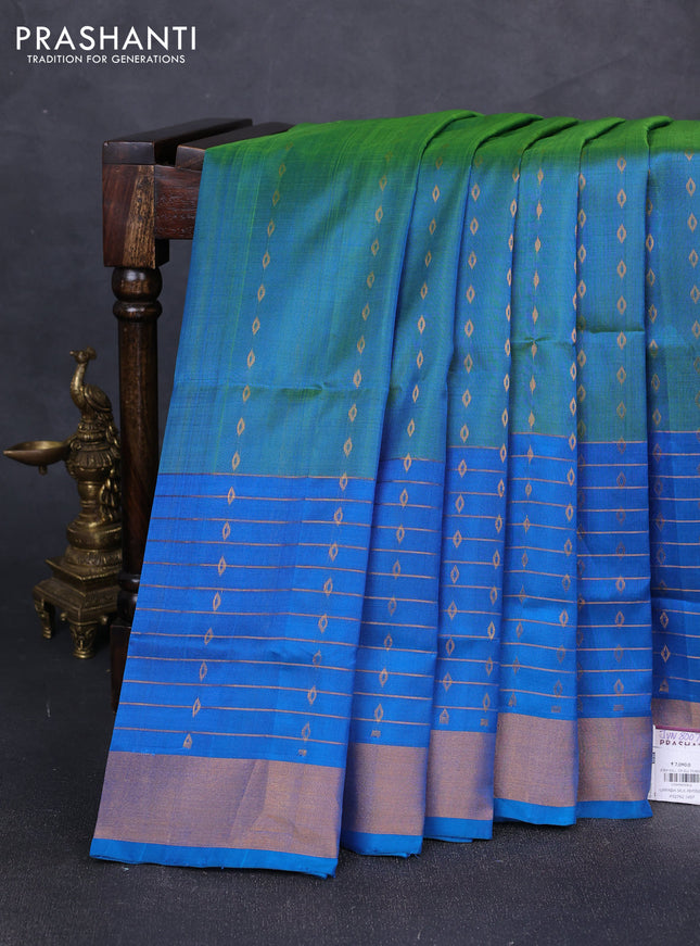 Pure uppada silk saree dual shade of teal bluish green and cs blue with allover zari woven buttas and long zari woven border