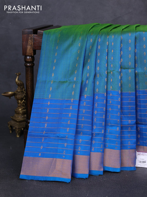 Pure uppada silk saree dual shade of teal bluish green and cs blue with allover zari woven buttas and long zari woven border