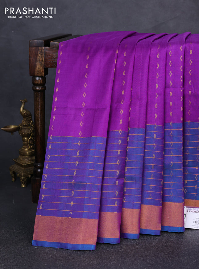 Pure uppada silk saree purple and dual shade of blue with allover zari woven buttas and long zari woven border