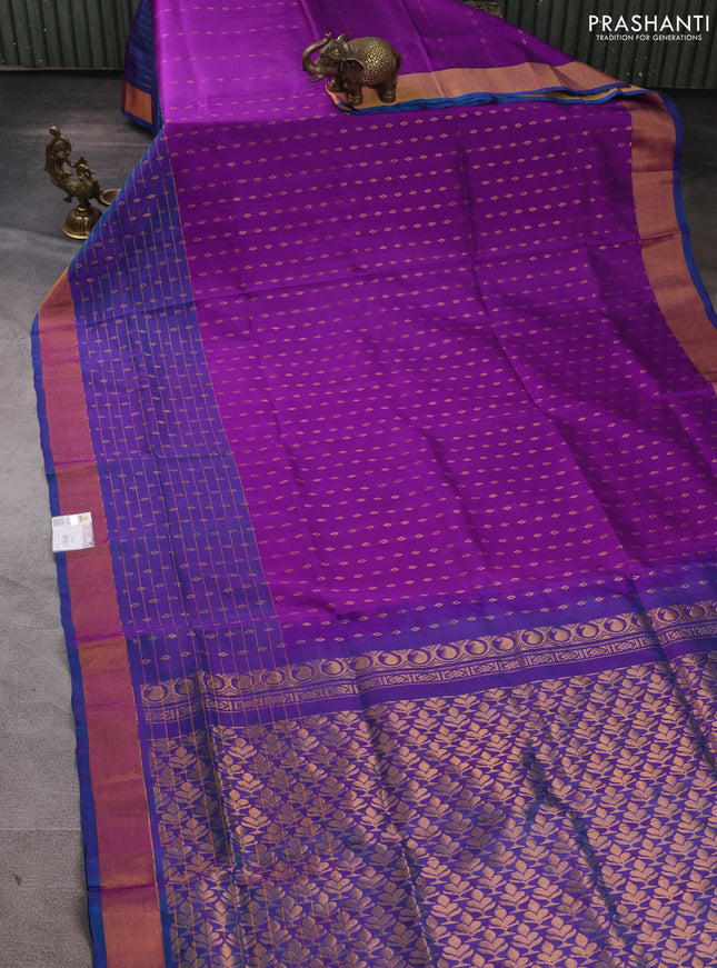 Pure uppada silk saree purple and dual shade of blue with allover zari woven buttas and long zari woven border