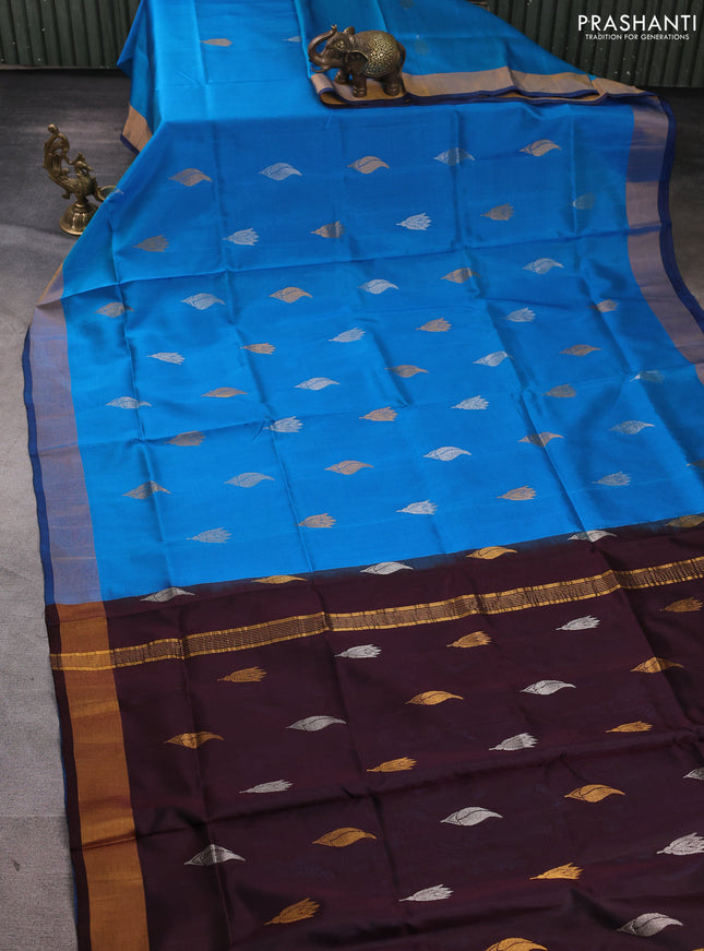 Pure uppada silk saree cs blue and coffee brown with silver & gold zari woven buttas and zari woven border