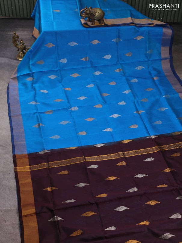 Pure uppada silk saree cs blue and coffee brown with silver & gold zari woven buttas and zari woven border