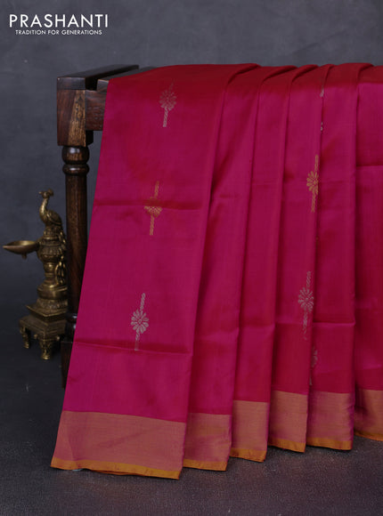 Pure uppada silk saree dual shade of pink and yellow with silver & gold zari woven buttas and zari woven border