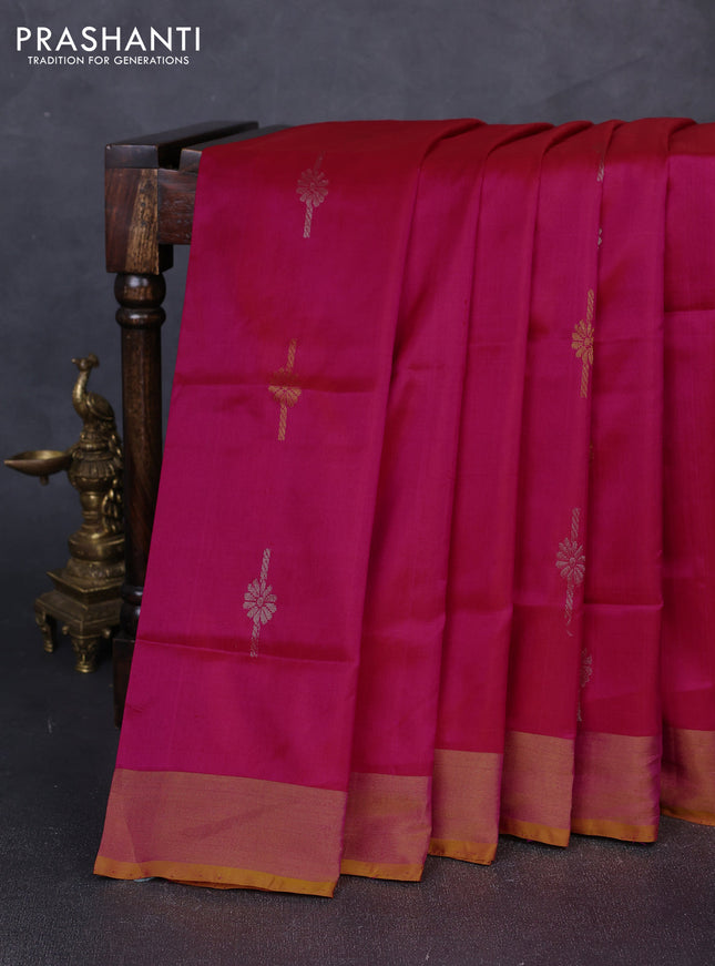 Pure uppada silk saree dual shade of pink and yellow with silver & gold zari woven buttas and zari woven border