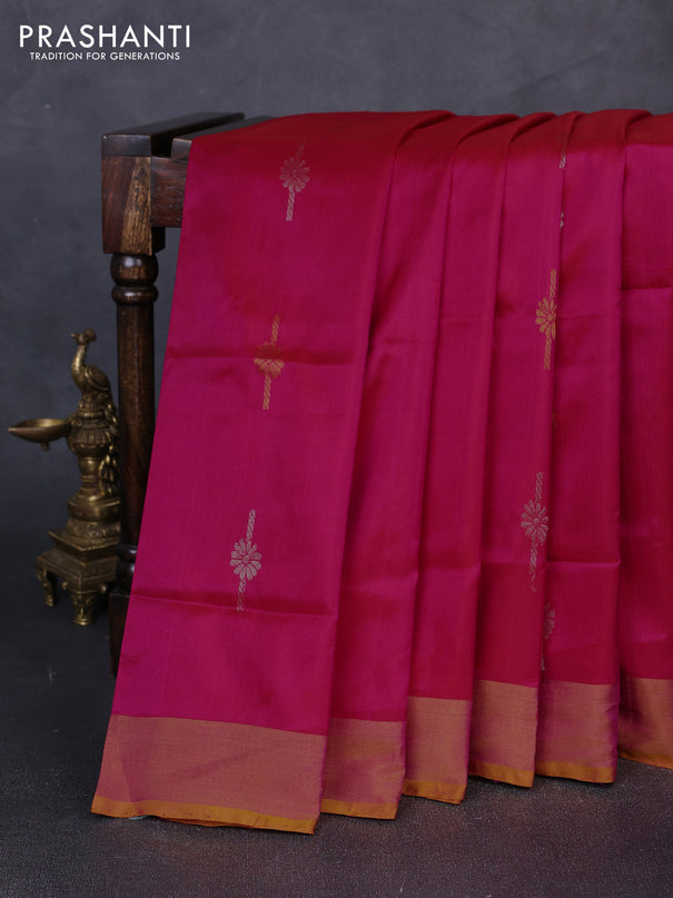 Pure uppada silk saree dual shade of pink and yellow with silver & gold zari woven buttas and zari woven border