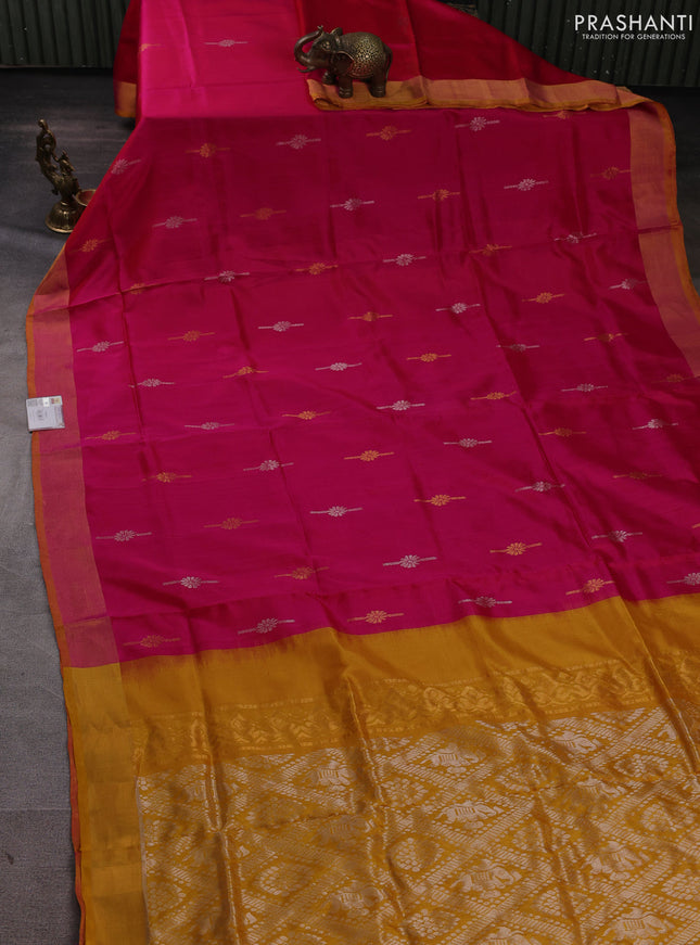Pure uppada silk saree dual shade of pink and yellow with silver & gold zari woven buttas and zari woven border