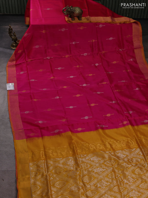 Pure uppada silk saree dual shade of pink and yellow with silver & gold zari woven buttas and zari woven border