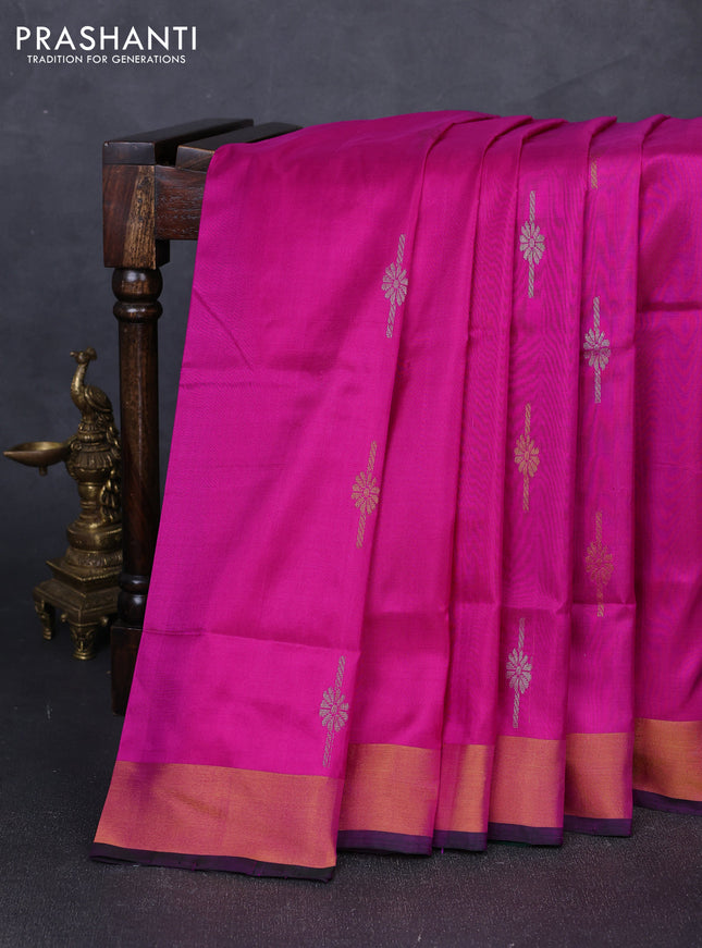 Pure uppada silk saree pink and bottle green with silver & gold zari woven buttas and zari woven border