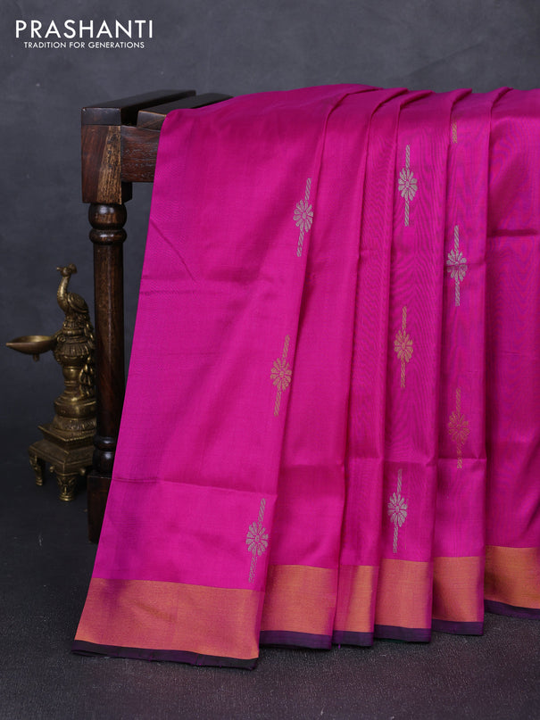 Pure uppada silk saree pink and bottle green with silver & gold zari woven buttas and zari woven border