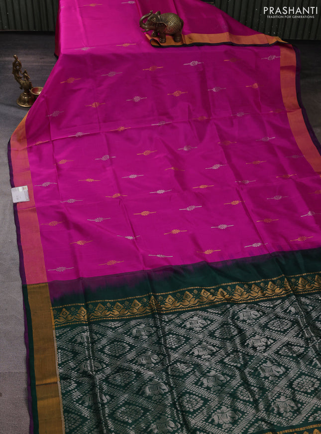 Pure uppada silk saree pink and bottle green with silver & gold zari woven buttas and zari woven border