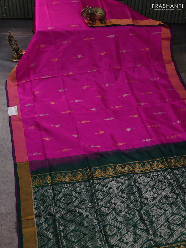 Pure uppada silk saree pink and bottle green with silver & gold zari woven buttas and zari woven border