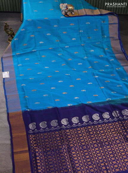 Pure uppada silk saree teal blue and blue with silver & gold zari woven paisley buttas and zari woven border