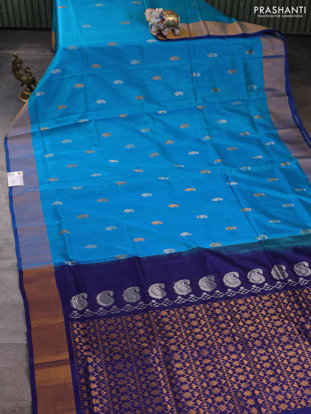 Pure uppada silk saree teal blue and blue with silver & gold zari woven paisley buttas and zari woven border