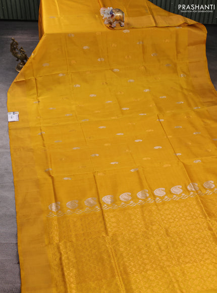 Pure uppada silk saree yellow with silver & gold zari woven paisley buttas and zari woven border