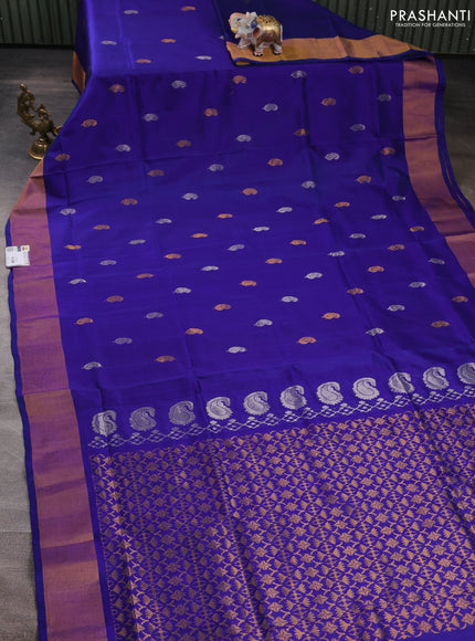 Pure uppada silk saree duual shade of blue with silver & gold zari woven paisley buttas and zari woven border
