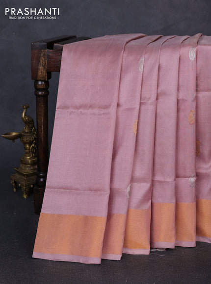 Pure uppada silk saree pastel peach with silver & gold zari woven paisley buttas and zari woven border