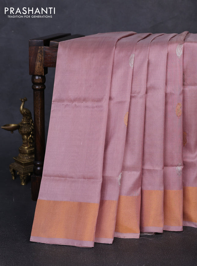 Pure uppada silk saree pastel peach with silver & gold zari woven paisley buttas and zari woven border