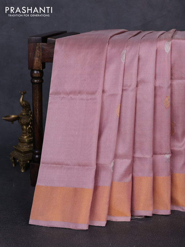 Pure uppada silk saree pastel peach with silver & gold zari woven paisley buttas and zari woven border