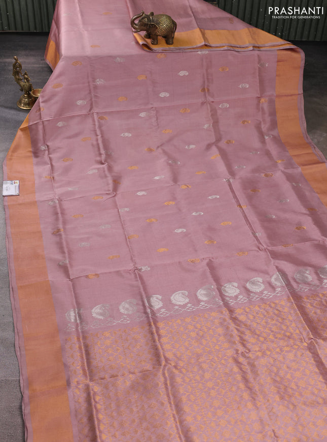 Pure uppada silk saree pastel peach with silver & gold zari woven paisley buttas and zari woven border