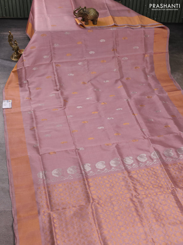 Pure uppada silk saree pastel peach with silver & gold zari woven paisley buttas and zari woven border