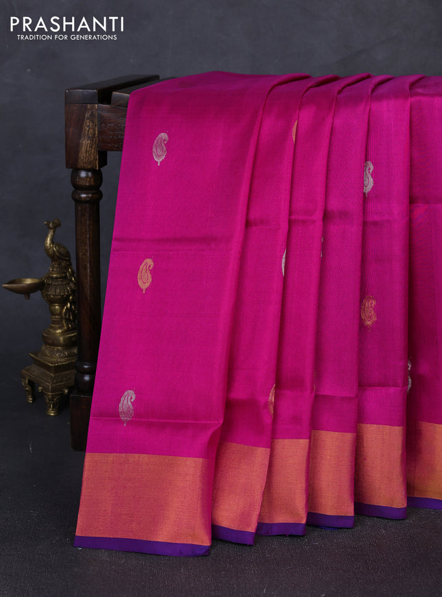 Pure uppada silk saree pink and blue with silver & gold zari woven paisley buttas and zari woven border