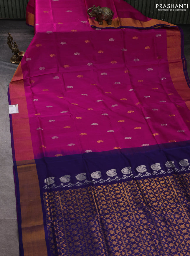 Pure uppada silk saree pink and blue with silver & gold zari woven paisley buttas and zari woven border