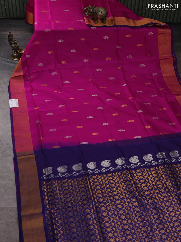 Pure uppada silk saree pink and blue with silver & gold zari woven paisley buttas and zari woven border