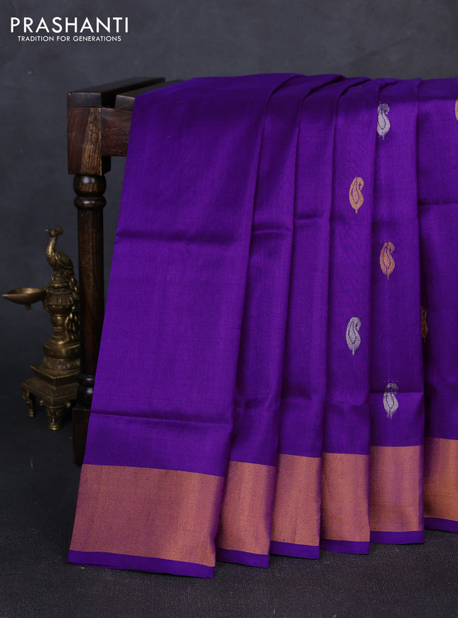 Pure uppada silk saree purple with silver & gold zari woven paisley buttas and zari woven border