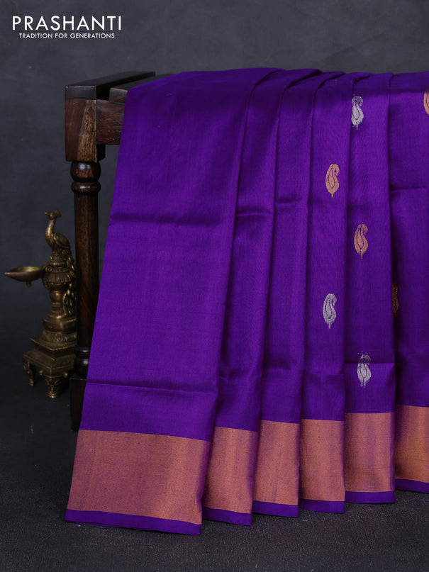 Pure uppada silk saree purple with silver & gold zari woven paisley buttas and zari woven border