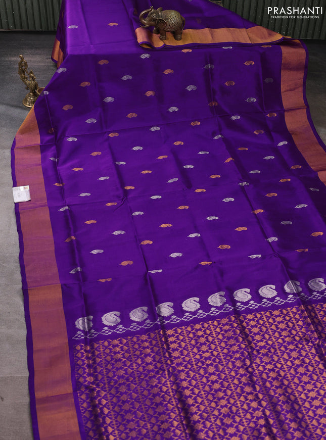 Pure uppada silk saree purple with silver & gold zari woven paisley buttas and zari woven border