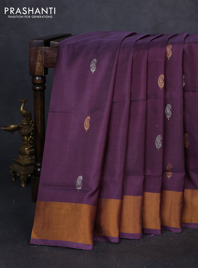 Pure uppada silk saree wine shade with silver & gold zari woven paisley buttas and zari woven border