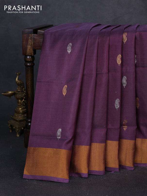 Pure uppada silk saree wine shade with silver & gold zari woven paisley buttas and zari woven border