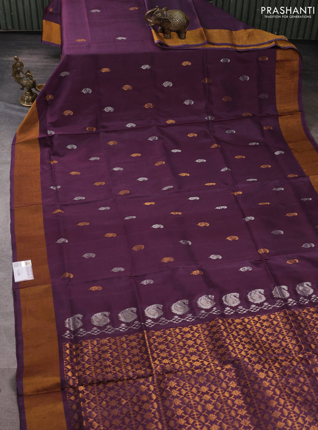 Pure uppada silk saree wine shade with silver & gold zari woven paisley buttas and zari woven border